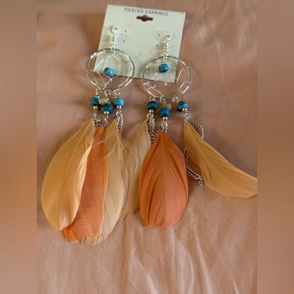 Feather Dreamcatcher Earrings with Silver Accents NWT - Picture 2 of 4